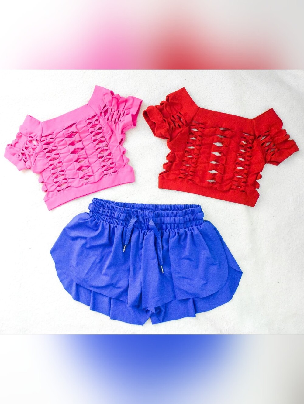 Neon Mesh Crop Fishnet Dance/Sheer Tops & Silky Flowy Shorts.